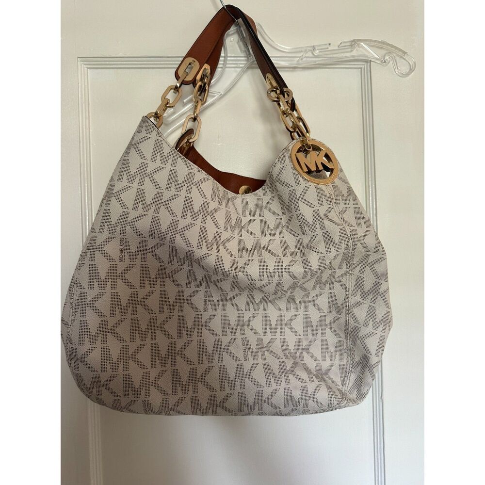 Michael Kors Fulton Large Shoulder Bag Vanilla Monogram Logo Chain Tote Hobo